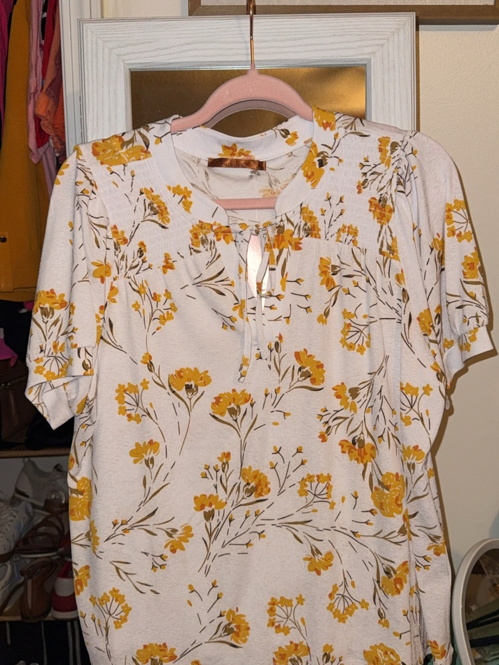 Belldini Cream Floral Tie-Neck Short Sleeve Blouse